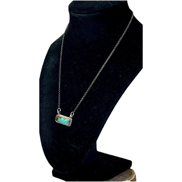 Navajo Kingman Turquoise Dixon Sterling Silver Bar Necklace 17" by J Dixon 6.9g - Picture 4 of 16